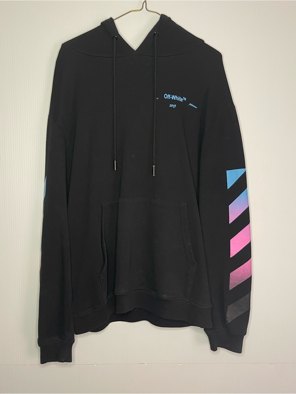 Off-White Black Crewneck Hoodie with Blue-to-Pink Gradient Sleeve Arrows